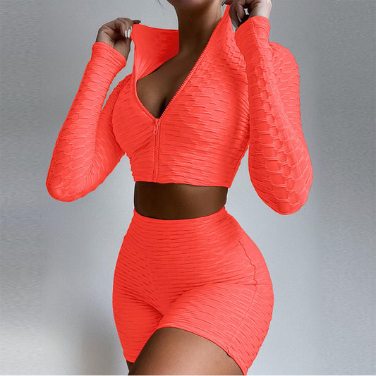 Neon Orange Zip Crop & High Waist Short Set – Textured Summer Tracksuit