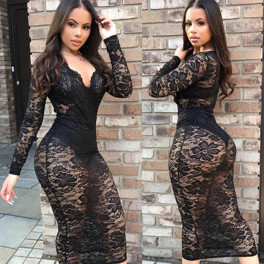 Midnight Muse Sheer Lace V-Neck Bodycon Dress – Long Sleeve Elegance