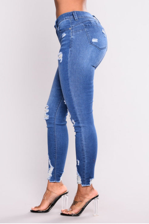 High-Waist Distressed Stretch Skinny Jeans – Slim Fit Pencil Pants