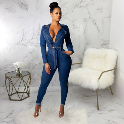 Deep V-Neck Denim Belted Jumpsuit – Long Sleeve Skinny Fit One-Piece Bodysuit for Women