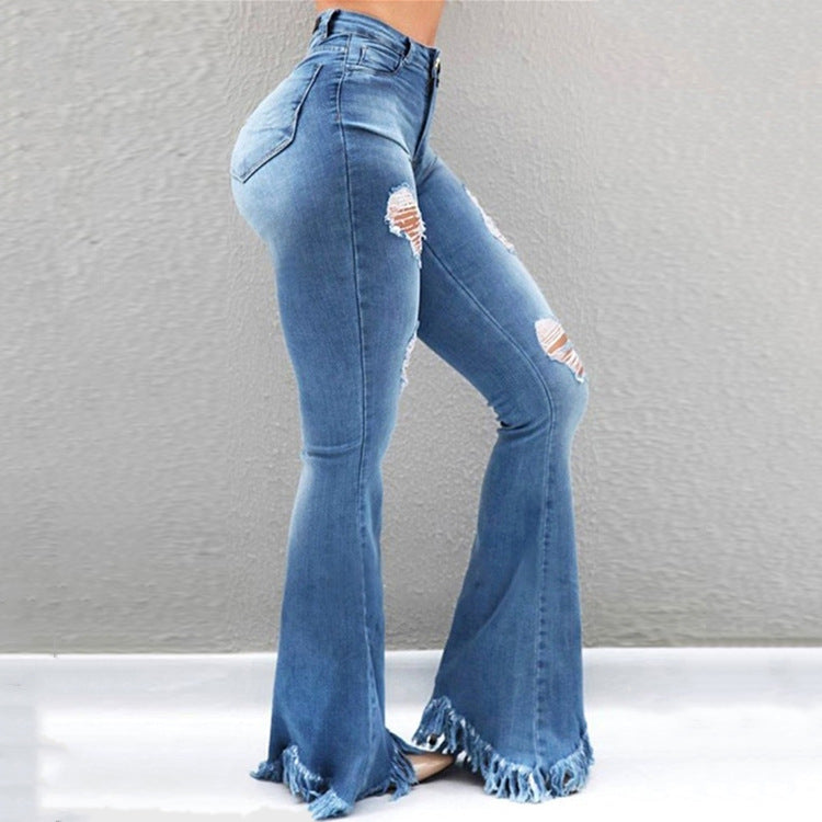 Fringe Flare Ripped High-Waist Slim Fit Denim Jeans