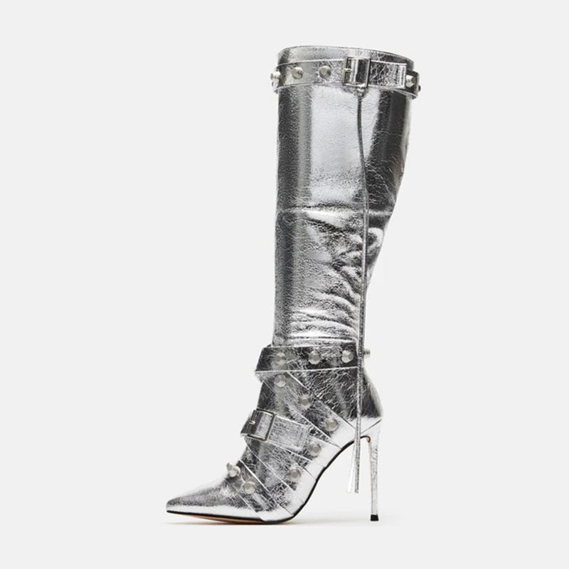 Fierce Rivet Stiletto High-Leg Boots – Metallic PU Pointed Toe Belted Tassel Boot
