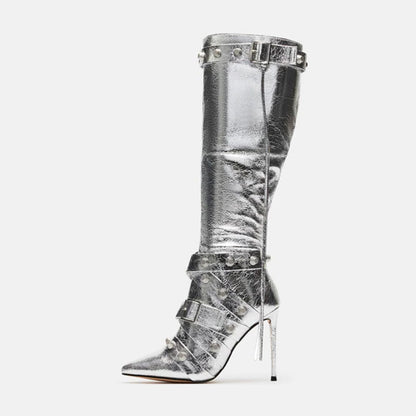 Fierce Rivet Stiletto High-Leg Boots – Metallic PU Pointed Toe Belted Tassel Boot