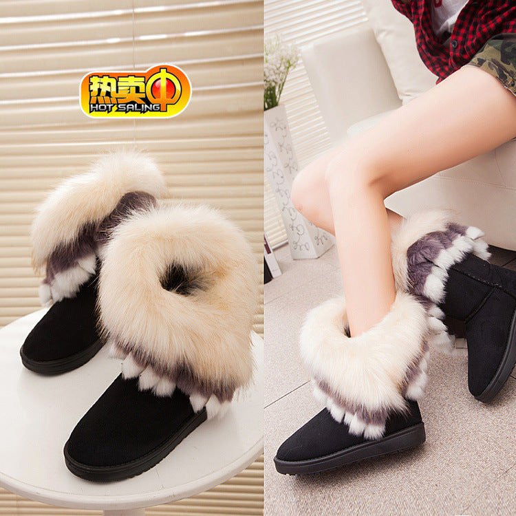 Women’s Faux Fox Fur Winter Snow Boots – Thick-Soled Non-Slip Fashion Boots