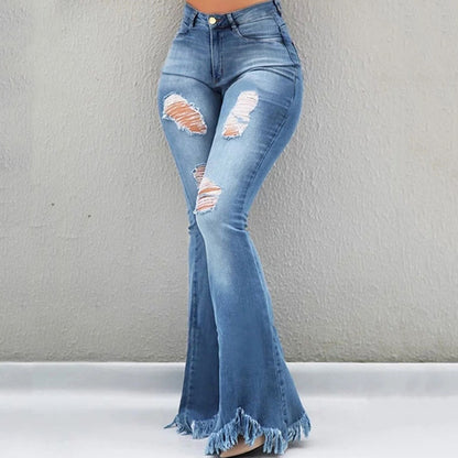Fringe Flare Ripped High-Waist Slim Fit Denim Jeans