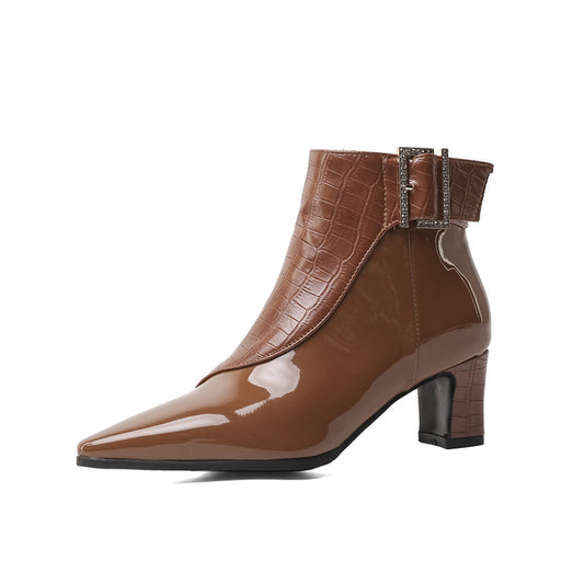 Patent PU High Heel Ankle Boots – Pointed Toe Waterproof Booties