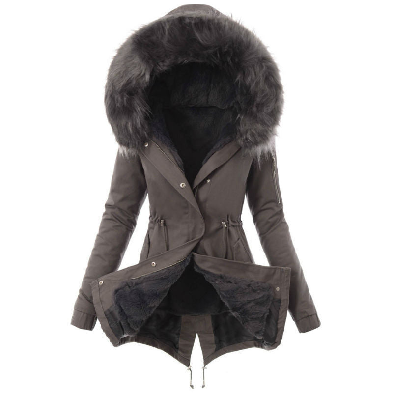 Women’s Fur Collar Cotton Jacket – Hooded Winter Warm Coat