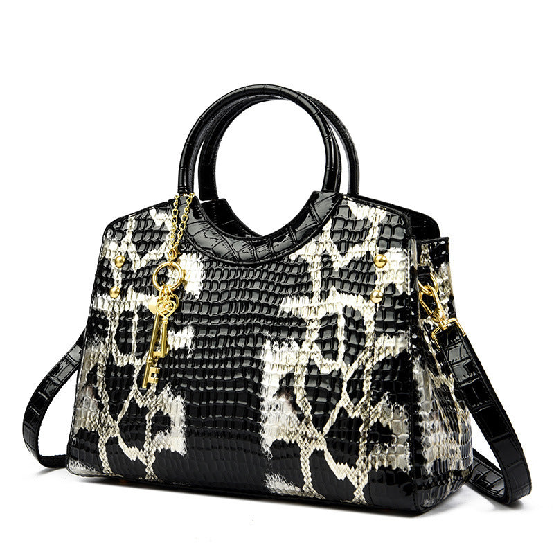 Women’s Luxury Snakeskin Pattern Genuine Leather Handbag – Retro Large Tote with Gold Key Charm