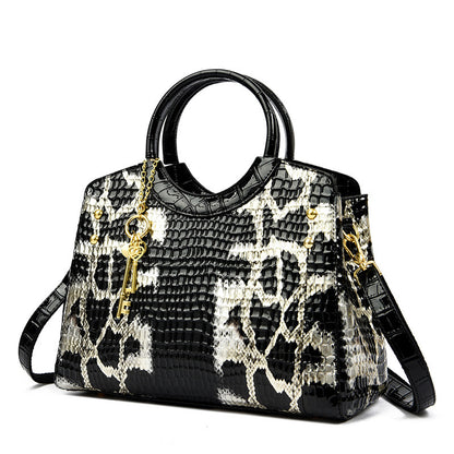 Women’s Luxury Snakeskin Pattern Genuine Leather Handbag – Retro Large Tote with Gold Key Charm