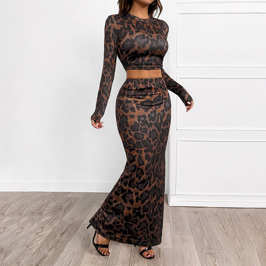 Leopard Print Two-Piece Maxi Skirt Set – Long Sleeve Crop Top & Slim Fit Skirt