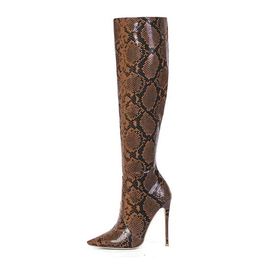 Women's Snake Print High Heel Stiletto Boots – Side Zipper Pointed Toe Knee-High