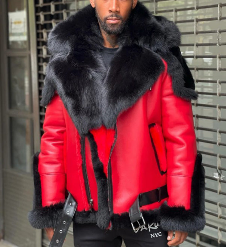 Men’s Red Luxury Thickened Fur Collar Leather Jacket – Winter Warm Slim-Fit Lapel Coat with Plush Trim