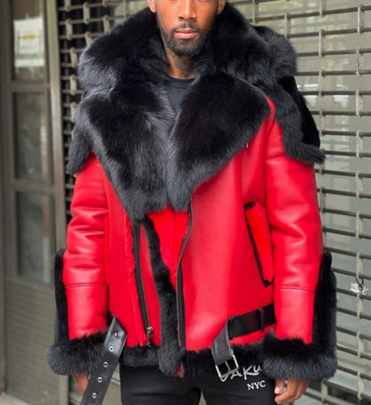 Men’s Red Luxury Thickened Fur Collar Leather Jacket – Winter Warm Slim-Fit Lapel Coat with Plush Trim