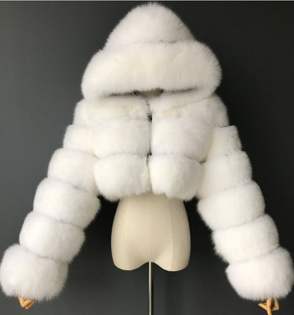 Luxury Faux Fur Short Hooded Coat – Women’s Cropped Plush Winter Jacket