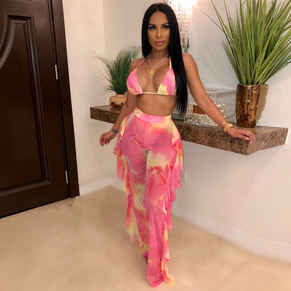 Ruffle Wave Tie-Dye Bikini Set – Festival Chic Wide-Leg Pant Look