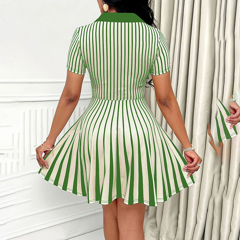 Women's Polo Dress Elegant Striped V Neck Short Sleeve A Line Dresses