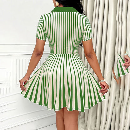 Women's Polo Dress Elegant Striped V Neck Short Sleeve A Line Dresses