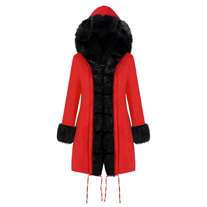 Women’s Hooded Cotton Jacket with Fur Collar – Winter Warm Long Coat