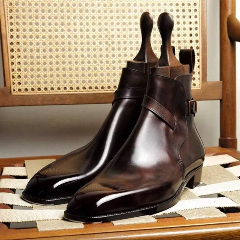 Men’s Belt Buckle Martin Boots – Leather Stitch Short Boots in Brown