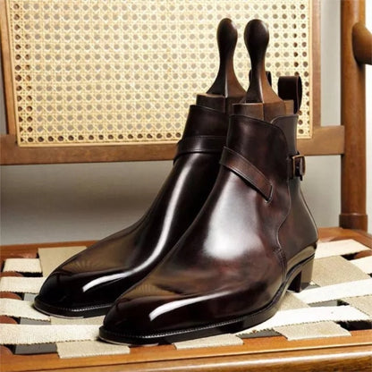 Men’s Belt Buckle Martin Boots – Leather Stitch Short Boots in Brown