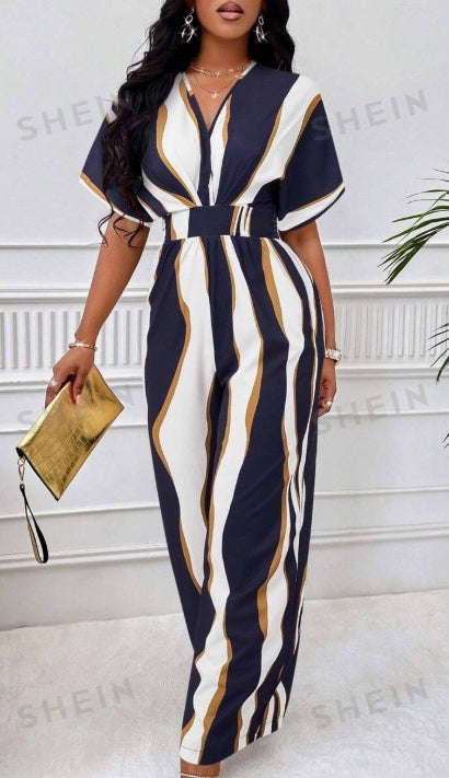 Bold Ink Print V-Neck Batwing Sleeve Wide-Leg Jumpsuit