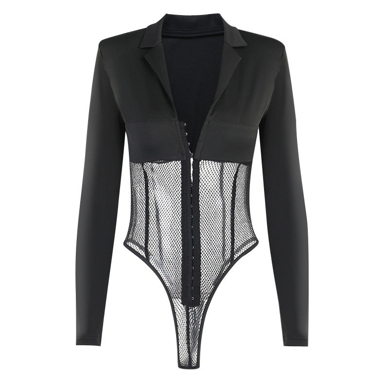 Mesh V-Neck Long Sleeve Bodysuit – Sheer Stitching Light Luxury Fit