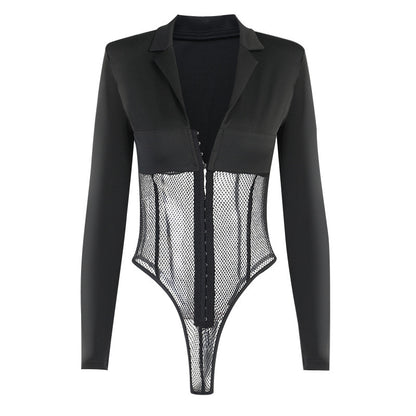 Mesh V-Neck Long Sleeve Bodysuit – Sheer Stitching Light Luxury Fit