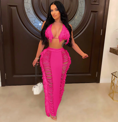 🏖️ Coastal Breeze Tassel Knit Cover-Up Set – Sleeveless Crop Top & Long Beach Skirt