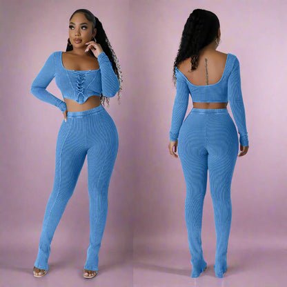 City Sleek Backless Two-Piece Set – Square Neck Top & Skinny Pencil Trousers