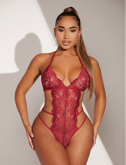 🌹 Seductive Allure Lace Jumpsuit – Wine Red, Sheer Elegance & Sultry Fit