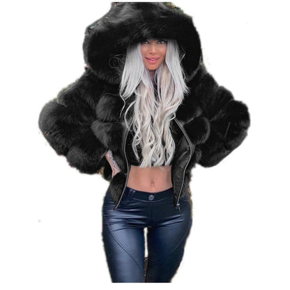 Luxury Faux Fur Hooded Jacket – Women’s Long Sleeve Winter Coat