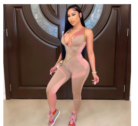 Glam Fit Colorblock Zipper Front Sleeveless Yoga Jumpsuit