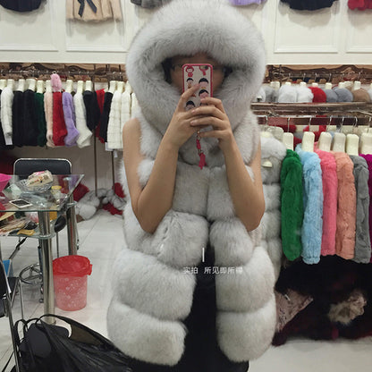 Hooded Faux Fox Fur Vest – Women’s Sleeveless Waistcoat Jacket