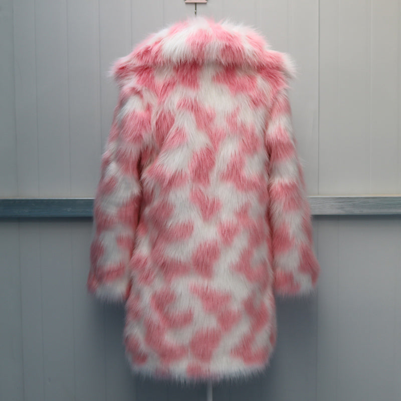 Women’s Luxe Faux Fur Statement Coat – Bold Teal & Pink Cloud Pattern