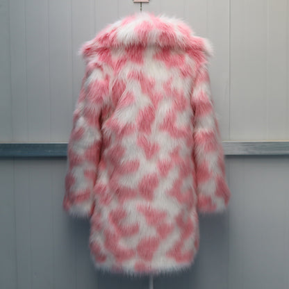 Women’s Luxe Faux Fur Statement Coat – Bold Teal & Pink Cloud Pattern