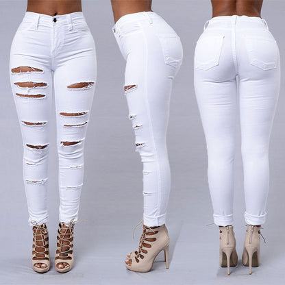 High-Waist Ripped Skinny Jeans – Casual Stretch Pencil Pants for Women