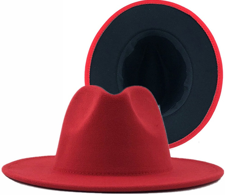 Two-Tone Wool Felt Fedora – Olive Green & Red Wide Brim Jazz Hat