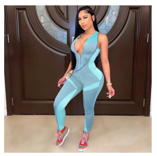 Glam Fit Colorblock Zipper Front Sleeveless Yoga Jumpsuit