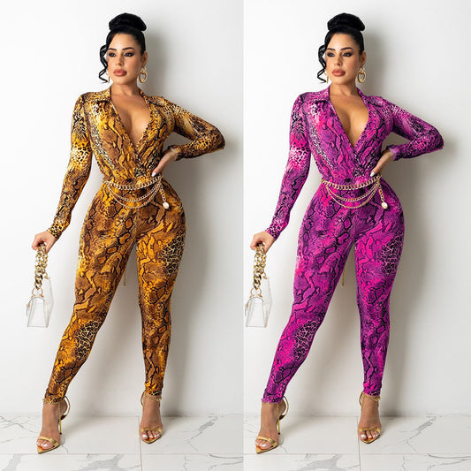 Women's Sexy Snake Print Skinny Jumpsuit – Deep V-Neck Long Sleeve Bodysuit
