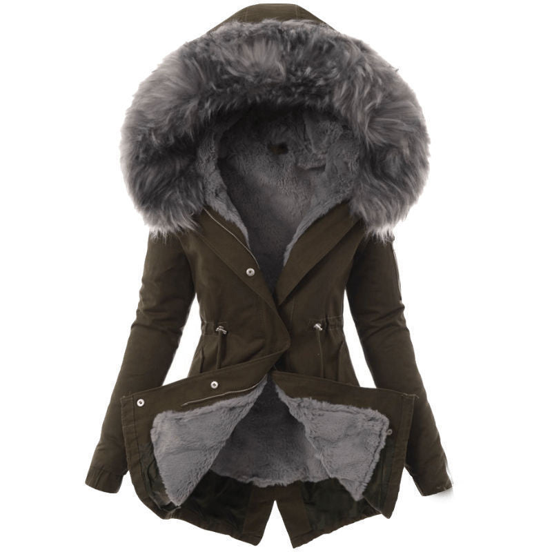 Women’s Fur Collar Cotton Jacket – Hooded Winter Warm Coat