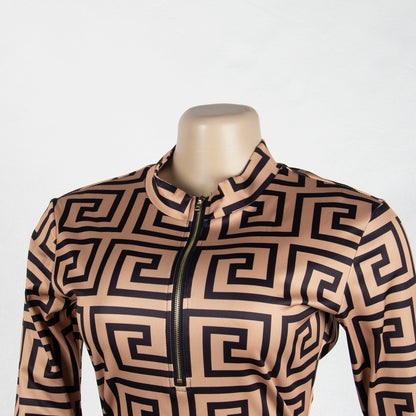 🔥 Geometric Luxe Deep V-Neck Long Sleeve Zip-Up Tie Waist Jumpsuit