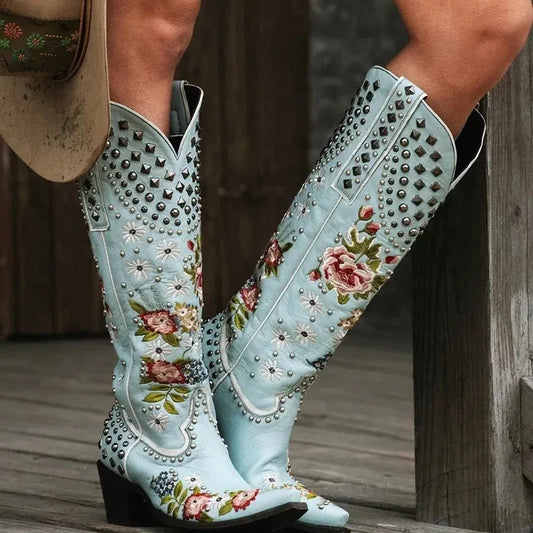 Floral Studded Embroidered Western Boots