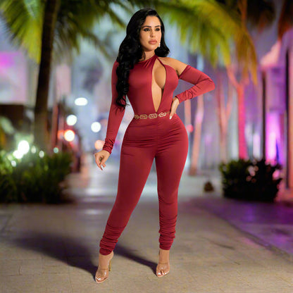 🔥 Fashion Solid Color Pleated Long-Sleeved Hollow Irregular Jumpsuit 🔥