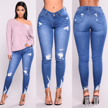 High-Waist Distressed Stretch Skinny Jeans – Slim Fit Pencil Pants