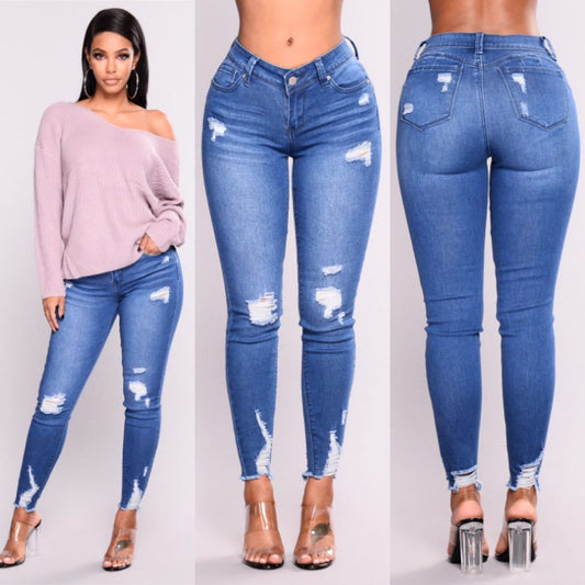 High-Waist Distressed Stretch Skinny Jeans – Slim Fit Pencil Pants