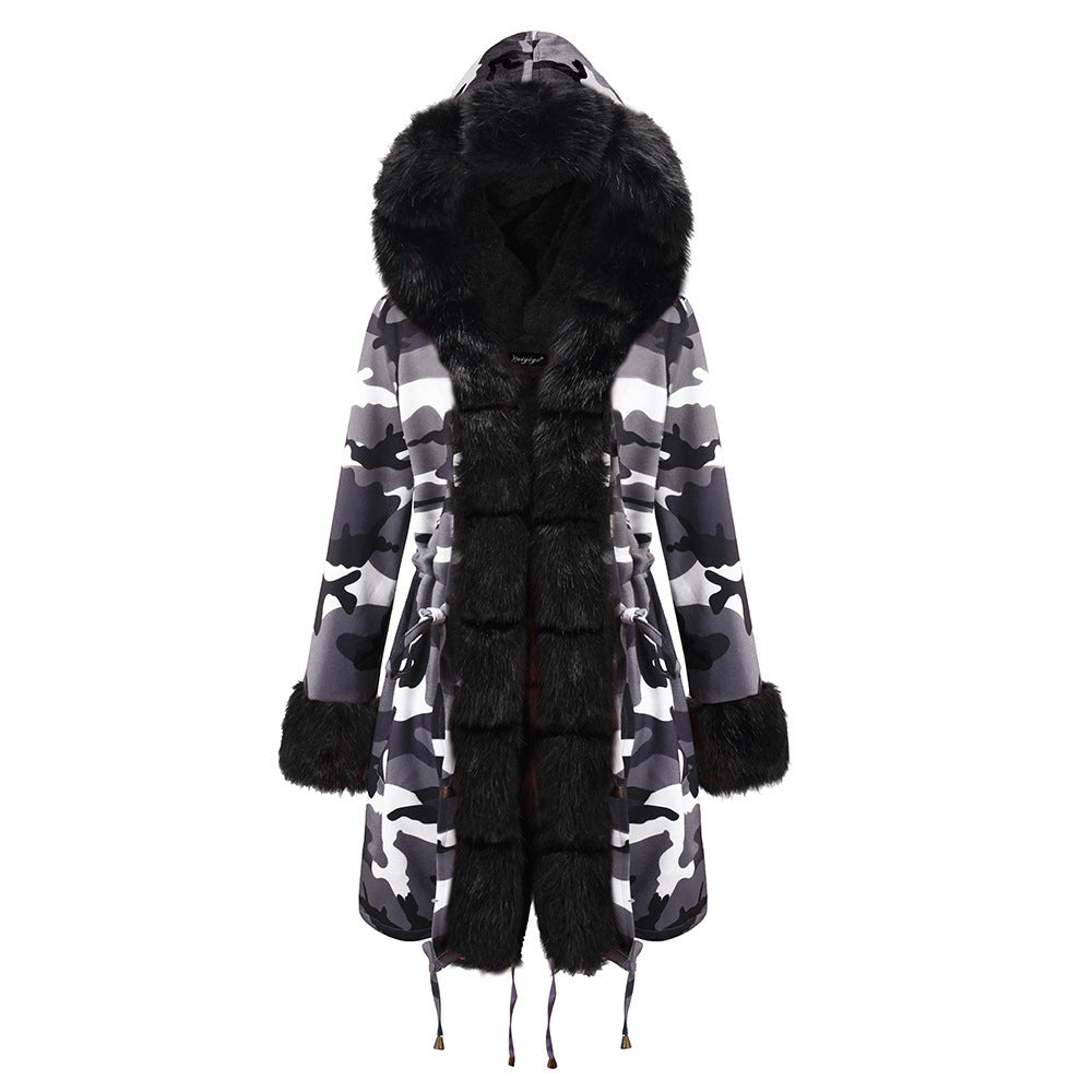 Women’s Hooded Cotton Jacket with Fur Collar – Winter Warm Long Coat
