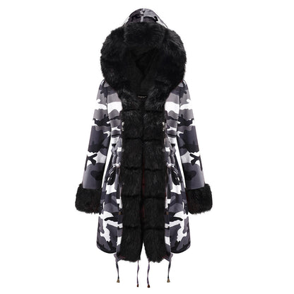 Women’s Hooded Cotton Jacket with Fur Collar – Winter Warm Long Coat