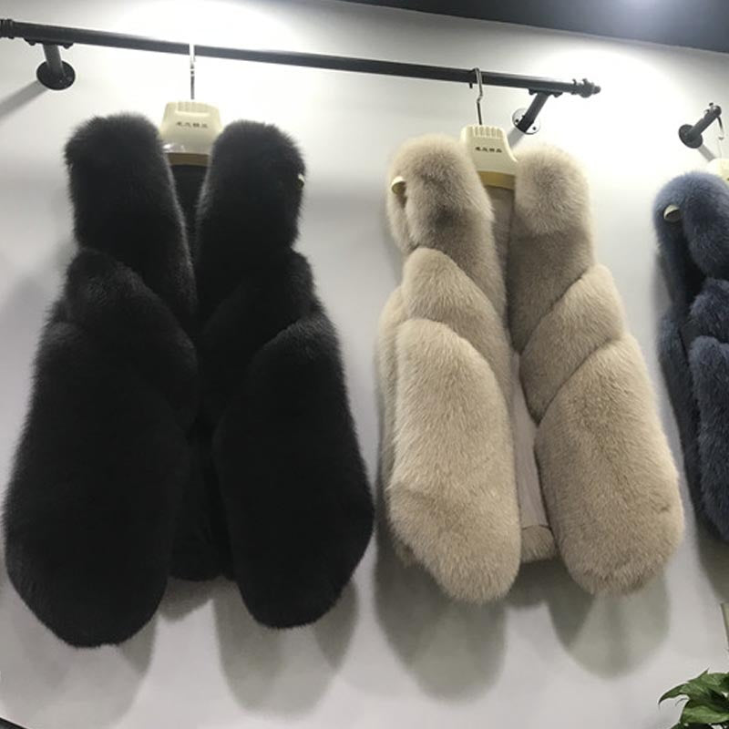 Women's Luxury Mid-Length Faux Fox Fur Vest | Plush Winter Sleeveless Coat in Chic Neutrals