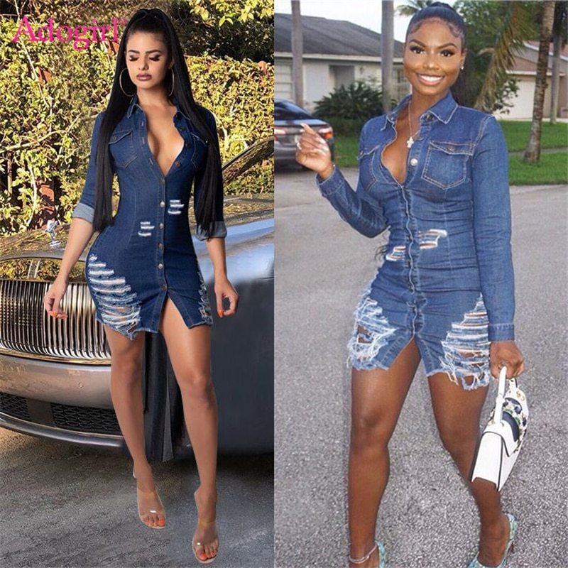 Women’s Shredded Button-Down Denim Mini Dress – Fitted Long Sleeve Casual Streetwear