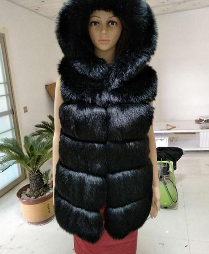 Hooded Faux Fox Fur Vest – Women’s Sleeveless Waistcoat Jacket